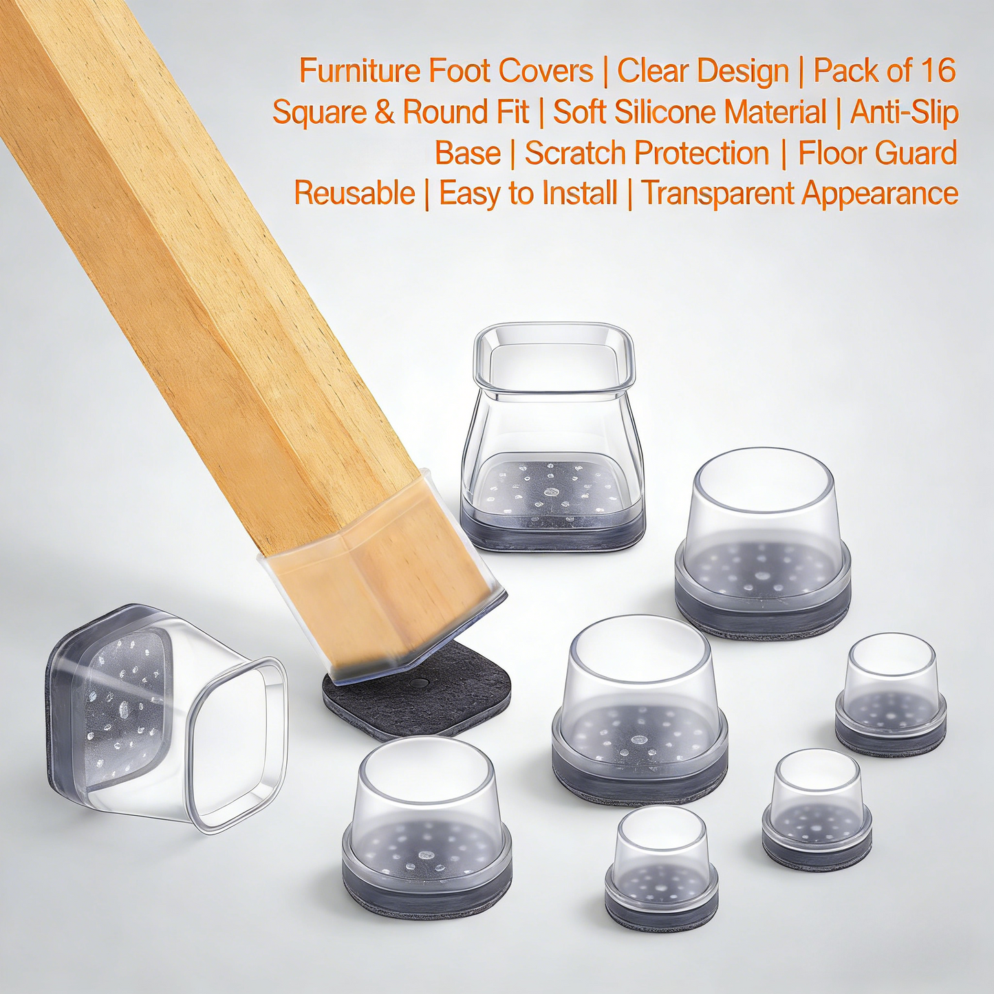 Clear Silicone Furniture Foot Covers (3 Sizes, 16-Pack)